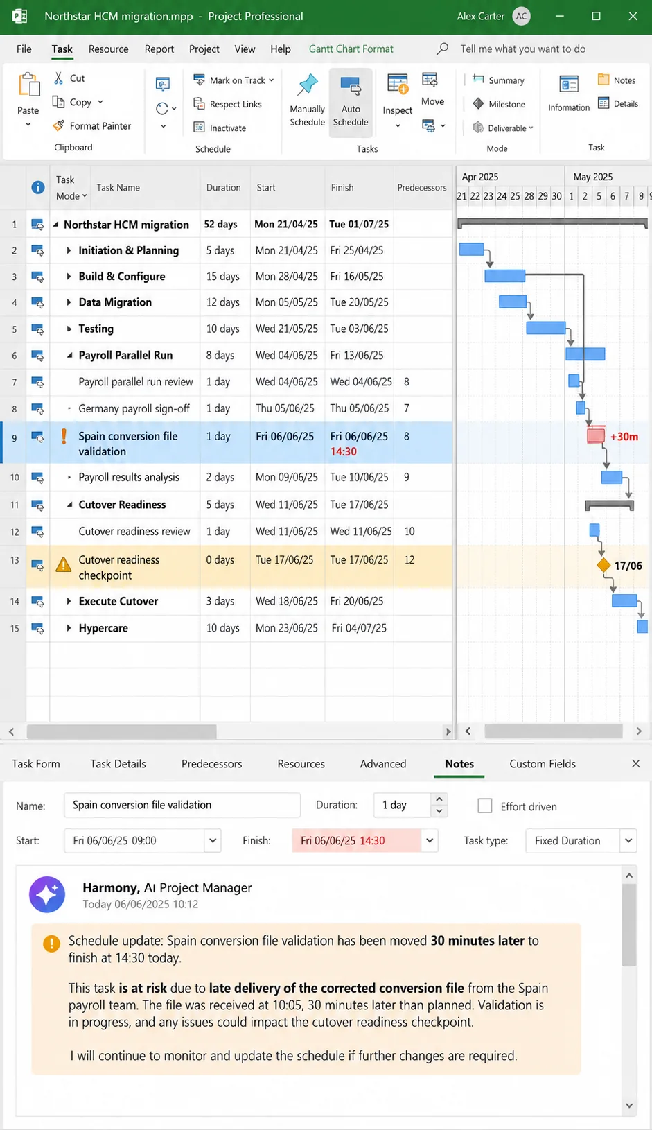 Microsoft Project schedule where Harmony moved Spain conversion file validation 30 minutes later and noted the risk to the cutover readiness checkpoint.