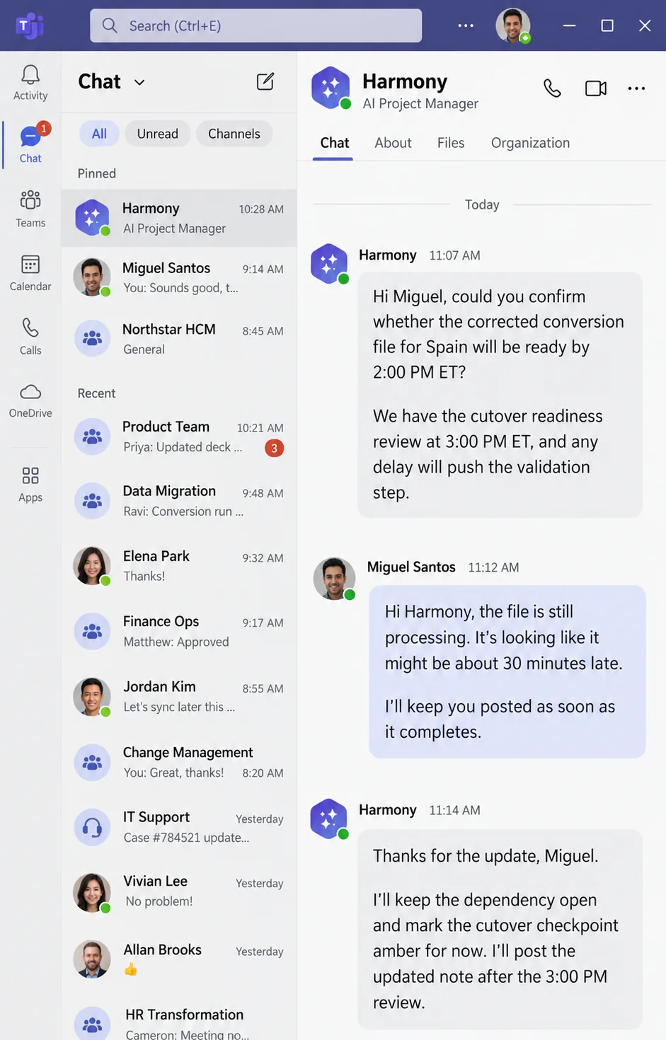 Microsoft Teams chat: Harmony asks the file owner whether the corrected Spain conversion file will be ready by 2:00 PM; he replies it may be 30 minutes late, and Harmony marks the cutover checkpoint amber.